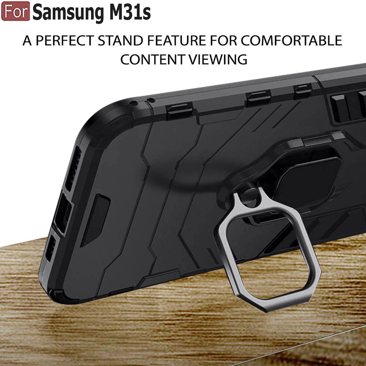 Samsung Galaxy M31s Tough Armor Ring Holder & Kickstand in-Built 360 Degree Protection Back Case - Black - Guleel