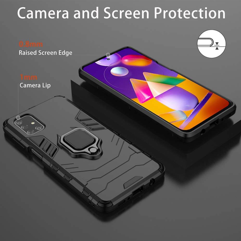 Samsung Galaxy M31s Tough Armor Ring Holder & Kickstand in-Built 360 Degree Protection Back Case - Black - Guleel