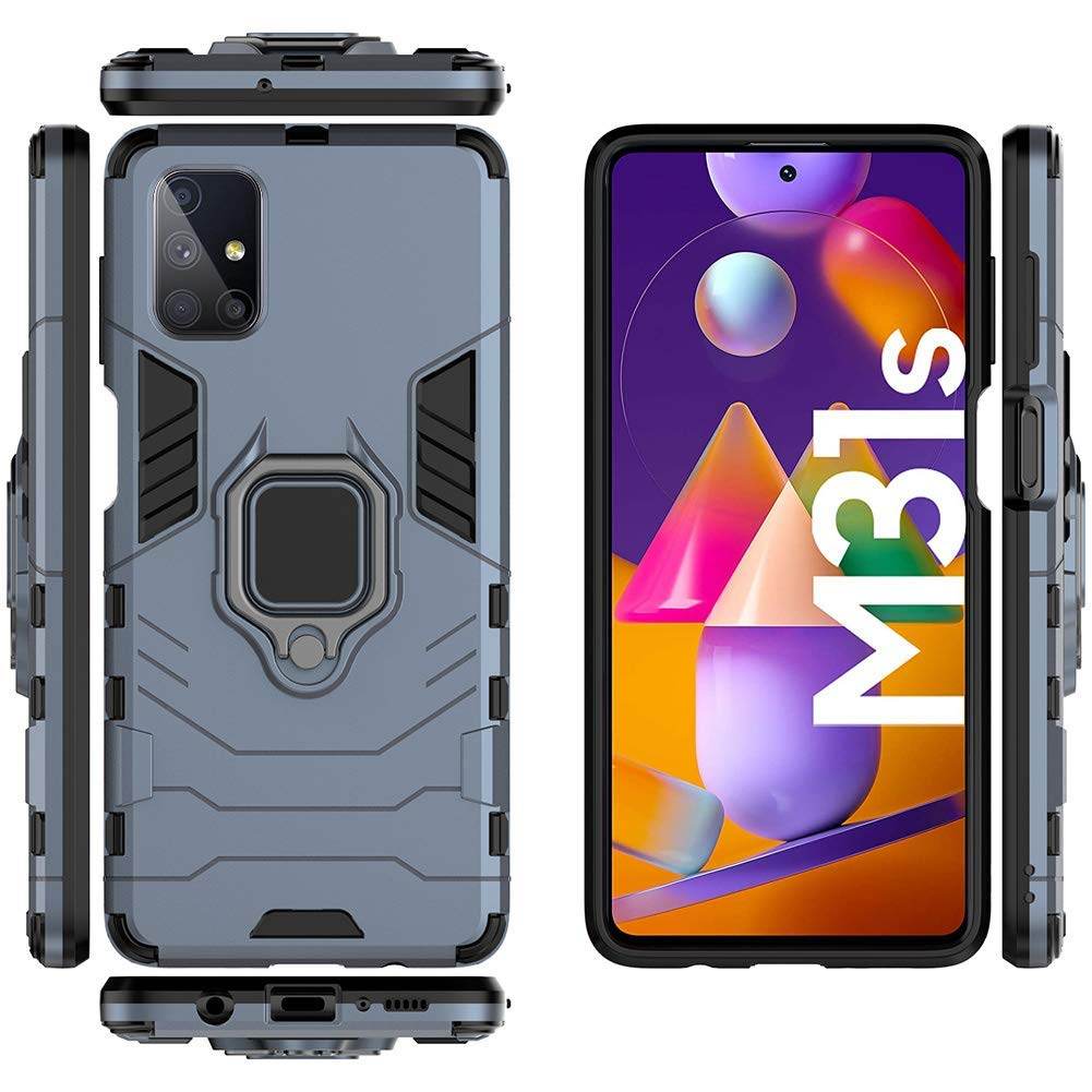 Samsung Galaxy M31s Tough Armor Ring Holder & Kickstand in-Built 360 Degree Protection Back Case - Blue - Guleel