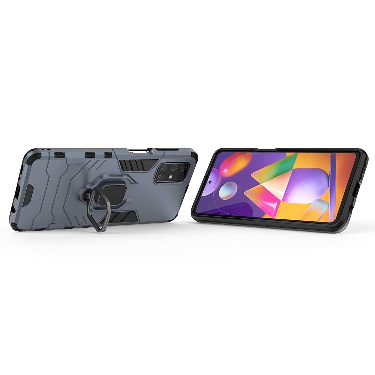 Samsung Galaxy M31s Tough Armor Ring Holder & Kickstand in-Built 360 Degree Protection Back Case - Blue - Guleel
