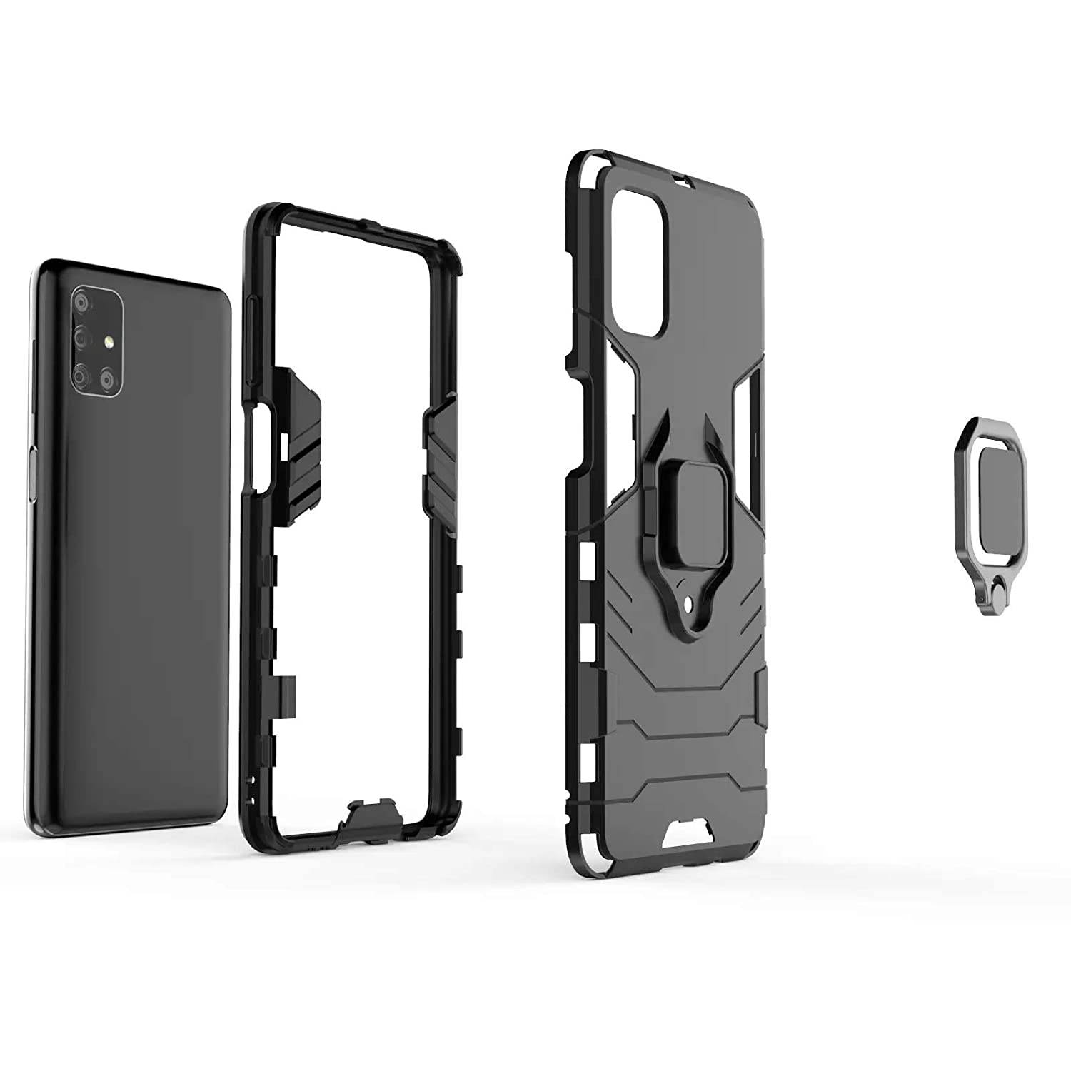 Samsung Galaxy M51 Tough Armor Ring Holder & Kickstand in-Built 360 Degree Protection Back Case - Black - Guleel