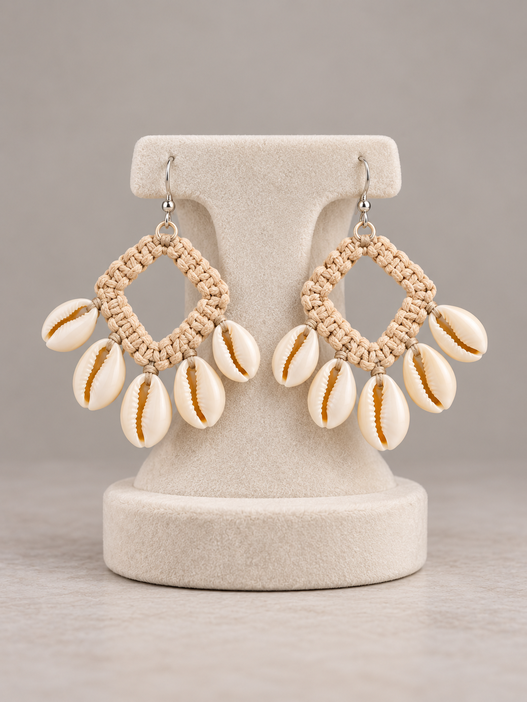 Beige Macramé & Cowrie Shell Drop Earrings