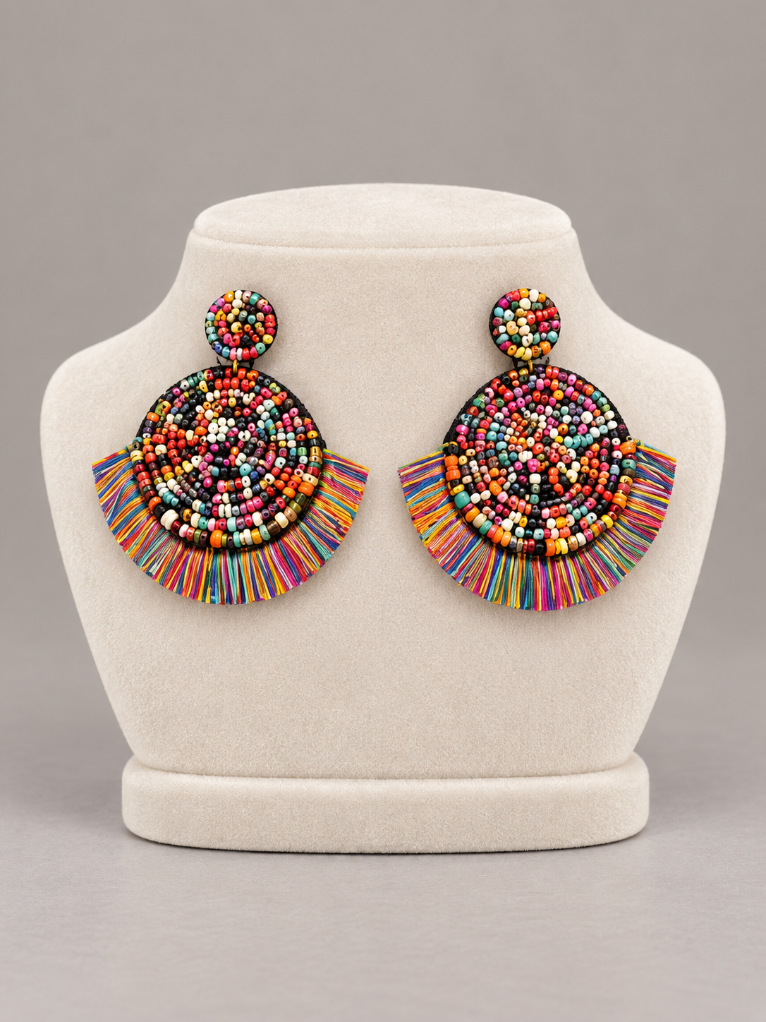 Multicolor Beaded Round Earrings with Rainbow Fringe
