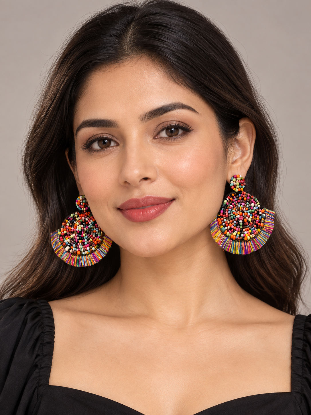 Multicolor Beaded Round Earrings with Rainbow Fringe