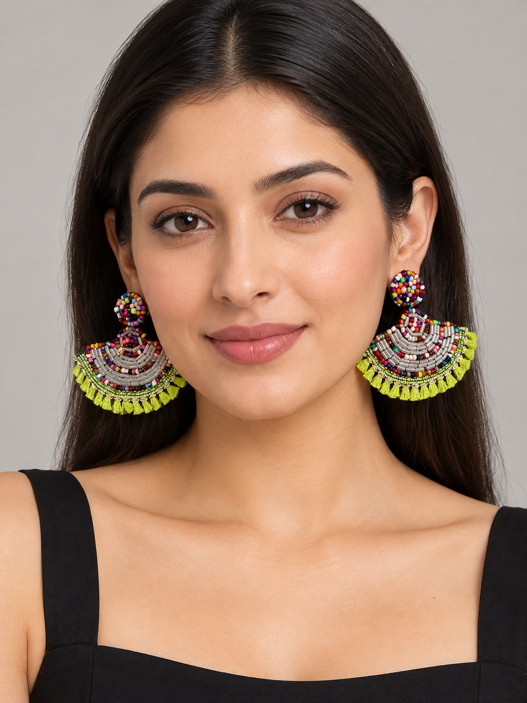 Multicolor Beaded Fan Earrings with Lime Green Tassels