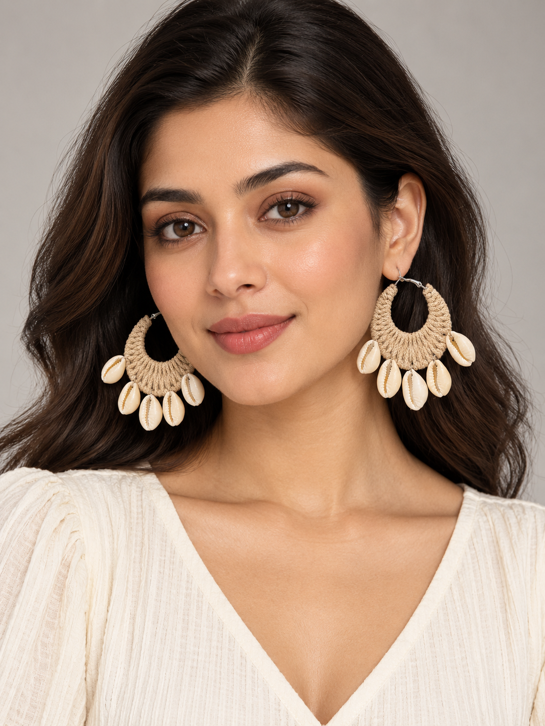 Handcrafted Cowrie Shell & Woven Boho Hoop Earrings
