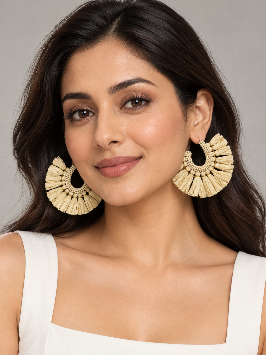 Ivory Beaded Crescent Earrings with Raffia-Style Fringe