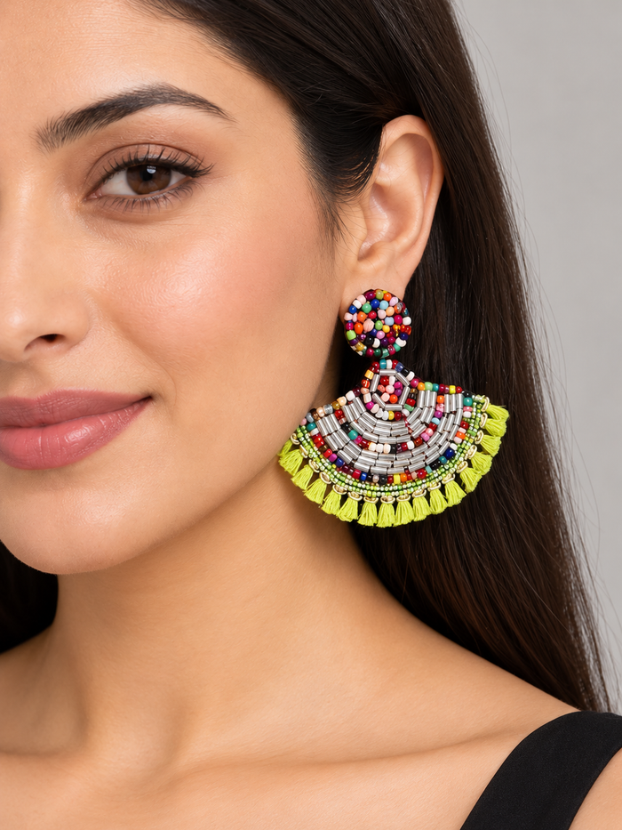 Multicolor Beaded Fan Earrings with Lime Green Tassels
