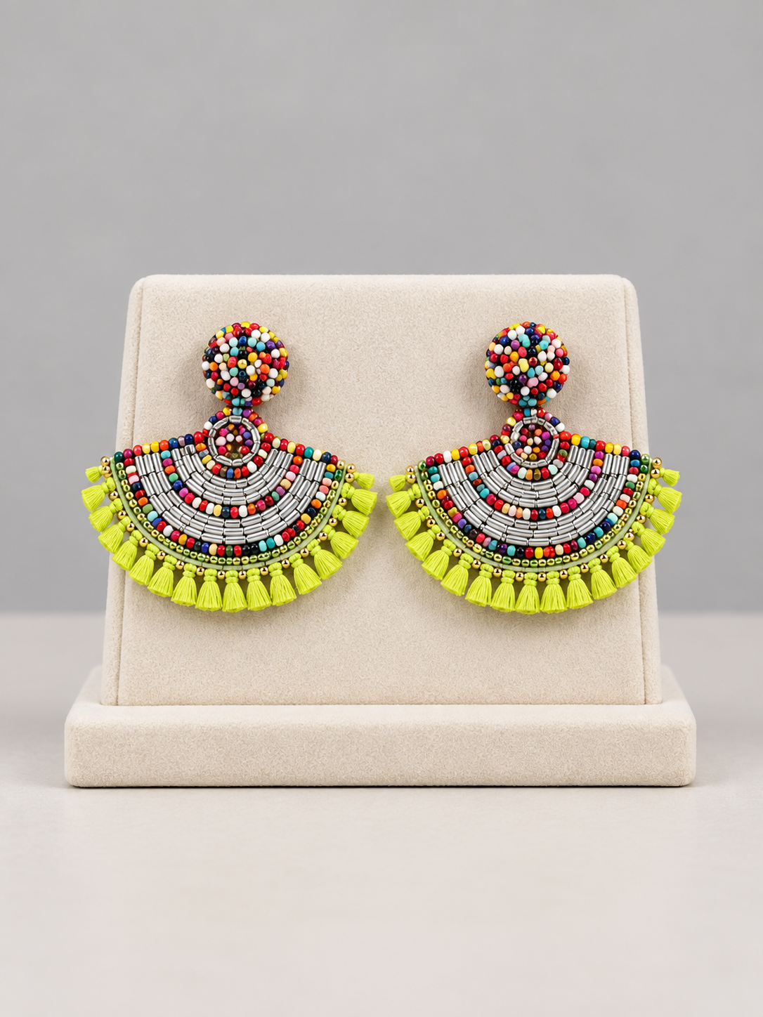 Multicolor Beaded Fan Earrings with Lime Green Tassels