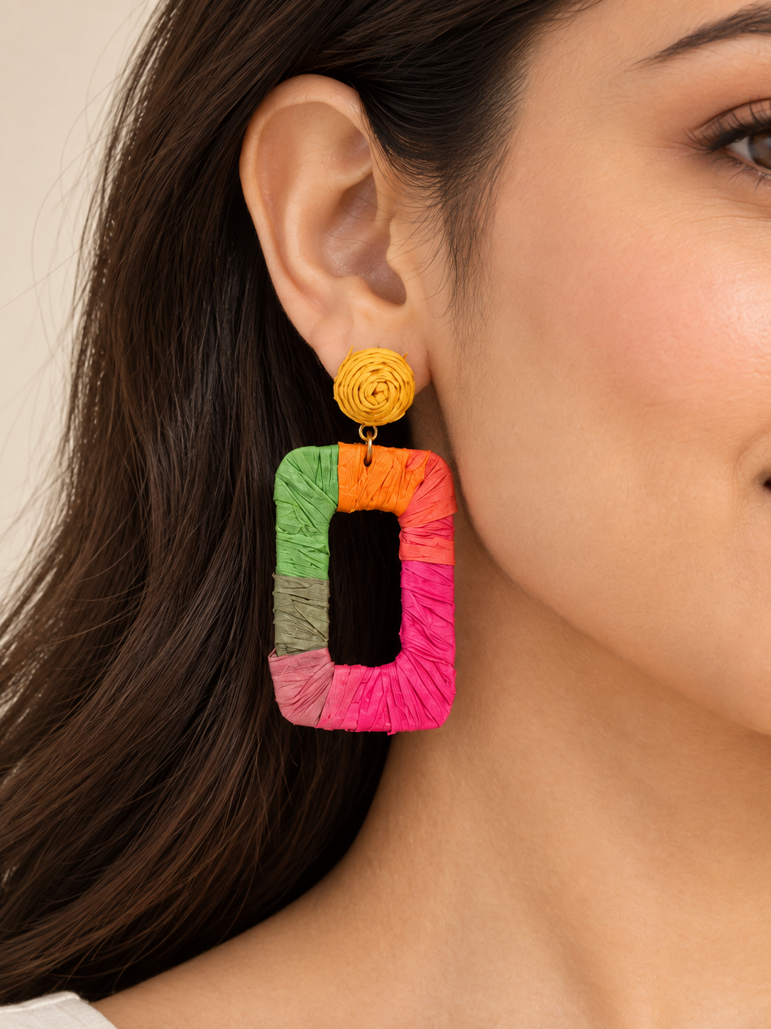 Multicolor Raffia-Style Rectangle Earrings with Mustard Spiral Tops