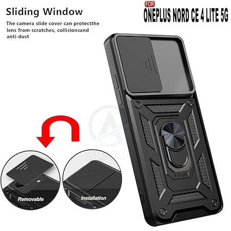 Tough Armor for OnePlus Nord CE 4 Lite 5G Back Case Cover | Ring Holder & Sliding Camera Shield Cover | 360 Degree Protection Back Case Cover for OnePlus Nord CE 4 Lite 5G Case (Black) - Guleel