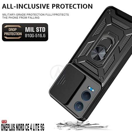 Tough Armor for OnePlus Nord CE 4 Lite 5G Back Case Cover | Ring Holder & Sliding Camera Shield Cover | 360 Degree Protection Back Case Cover for OnePlus Nord CE 4 Lite 5G Case (Black) - Guleel