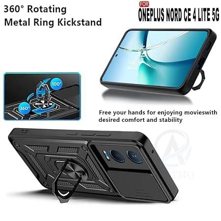 Tough Armor for OnePlus Nord CE 4 Lite 5G Back Case Cover | Ring Holder & Sliding Camera Shield Cover | 360 Degree Protection Back Case Cover for OnePlus Nord CE 4 Lite 5G Case (Black) - Guleel