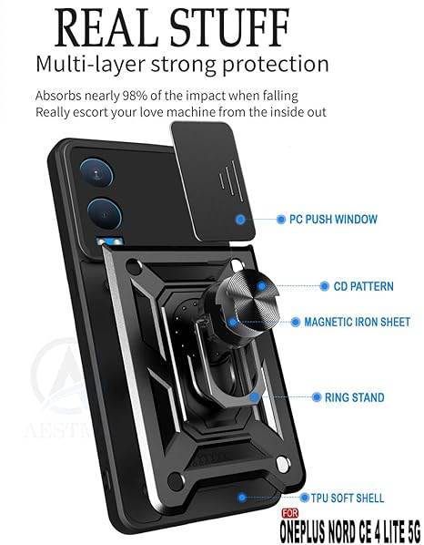 Tough Armor for OnePlus Nord CE 4 Lite 5G Back Case Cover | Ring Holder & Sliding Camera Shield Cover | 360 Degree Protection Back Case Cover for OnePlus Nord CE 4 Lite 5G Case (Black) - Guleel