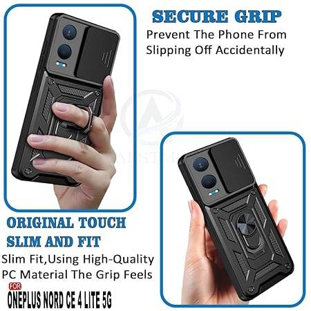 Tough Armor for OnePlus Nord CE 4 Lite 5G Back Case Cover | Ring Holder & Sliding Camera Shield Cover | 360 Degree Protection Back Case Cover for OnePlus Nord CE 4 Lite 5G Case (Black) - Guleel