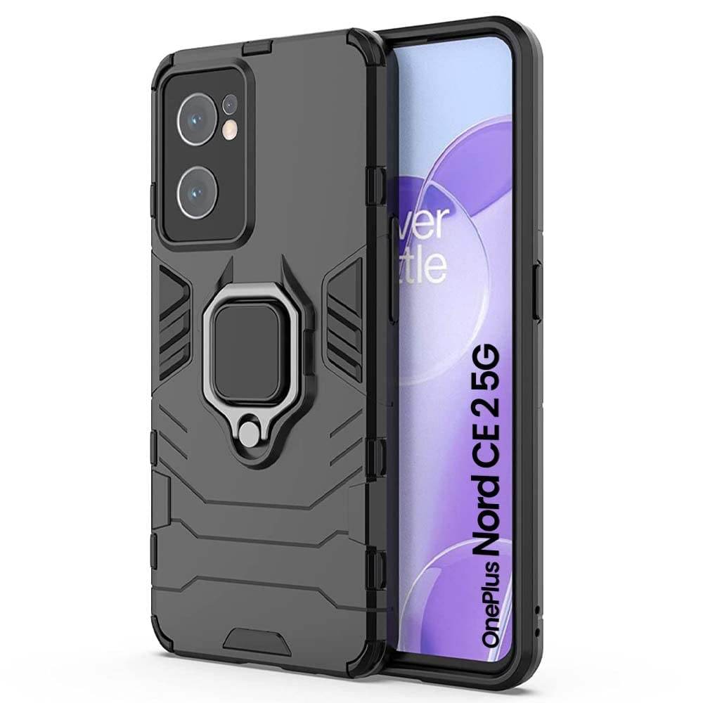 OnePlus Nord CE 2 5G Tough Armor Ring Holder & Kickstand in-Built 360 Degree Protection Back Case - Black - Guleel