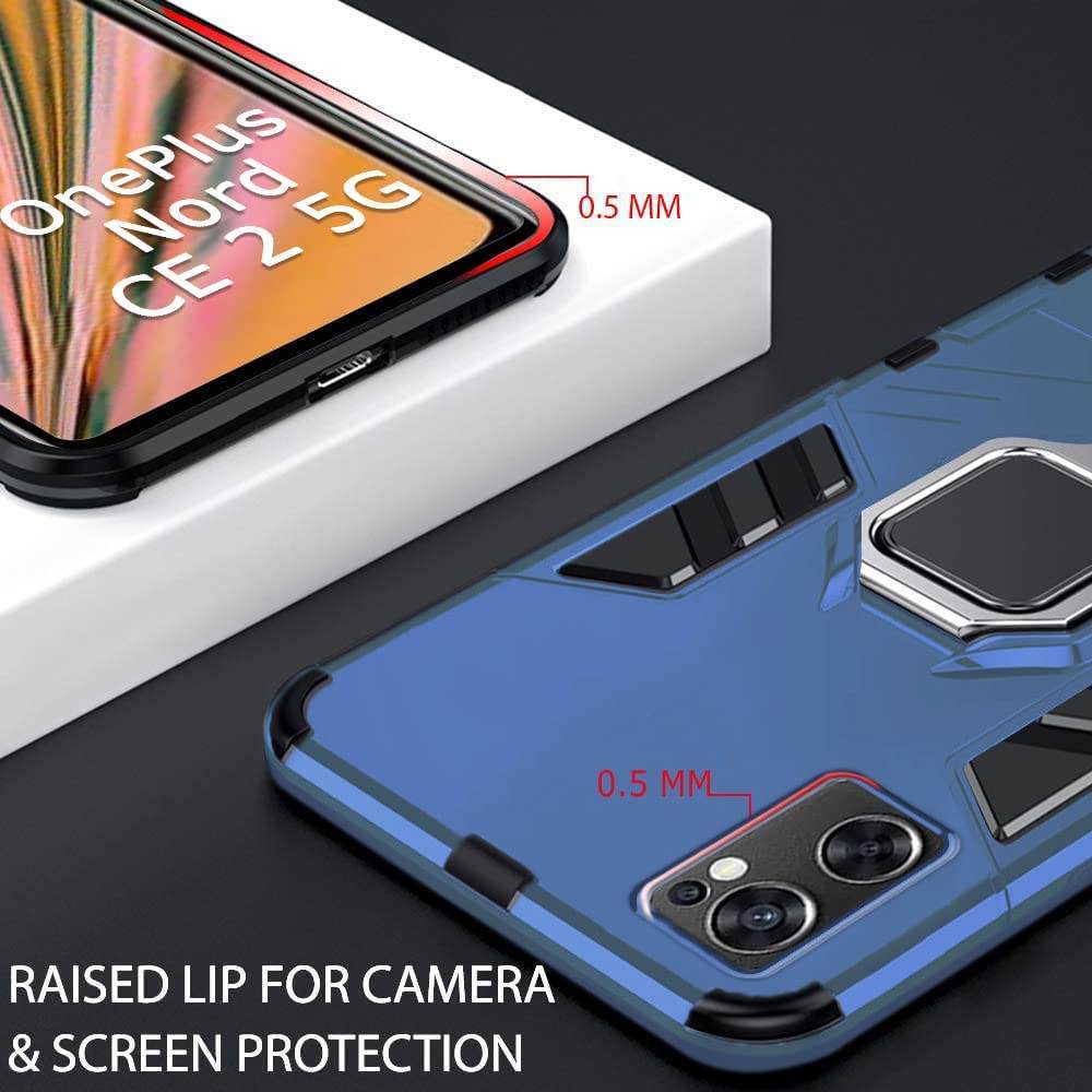 OnePlus Nord CE 2 5G Tough Armor Ring Holder & Kickstand in-Built 360 Degree Protection Back Case - Blue - Guleel