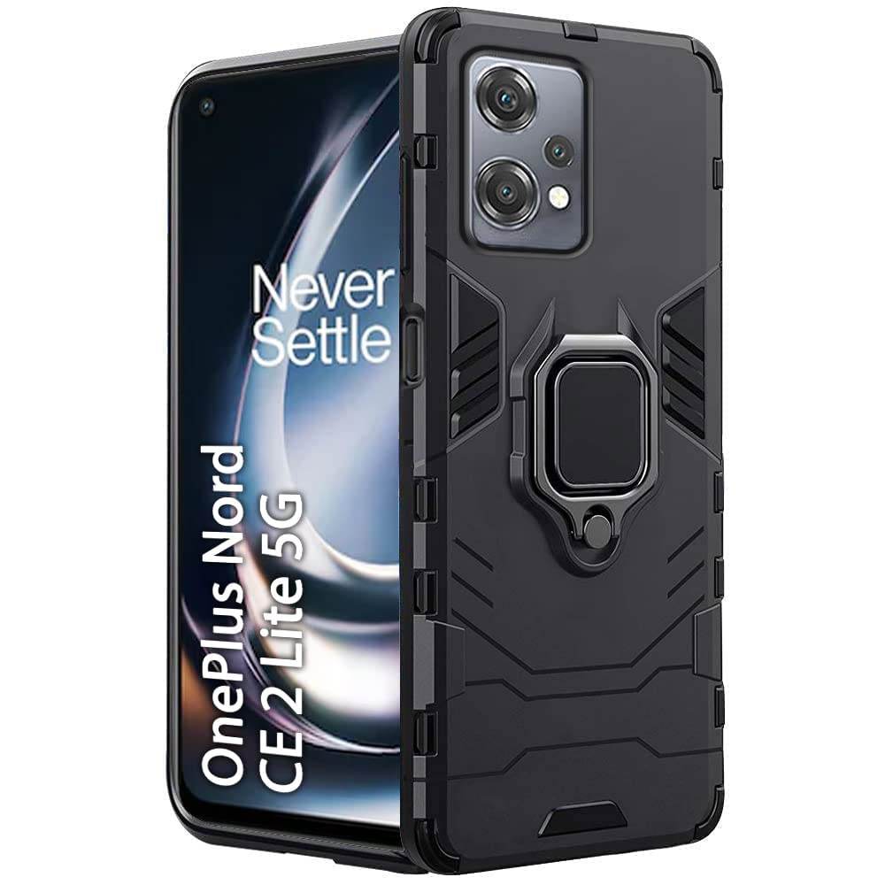 OnePlus Nord CE 2 LITE 5G Tough Armor Ring Holder & Kickstand in-Built 360 Degree Protection Back Case - Black - Guleel