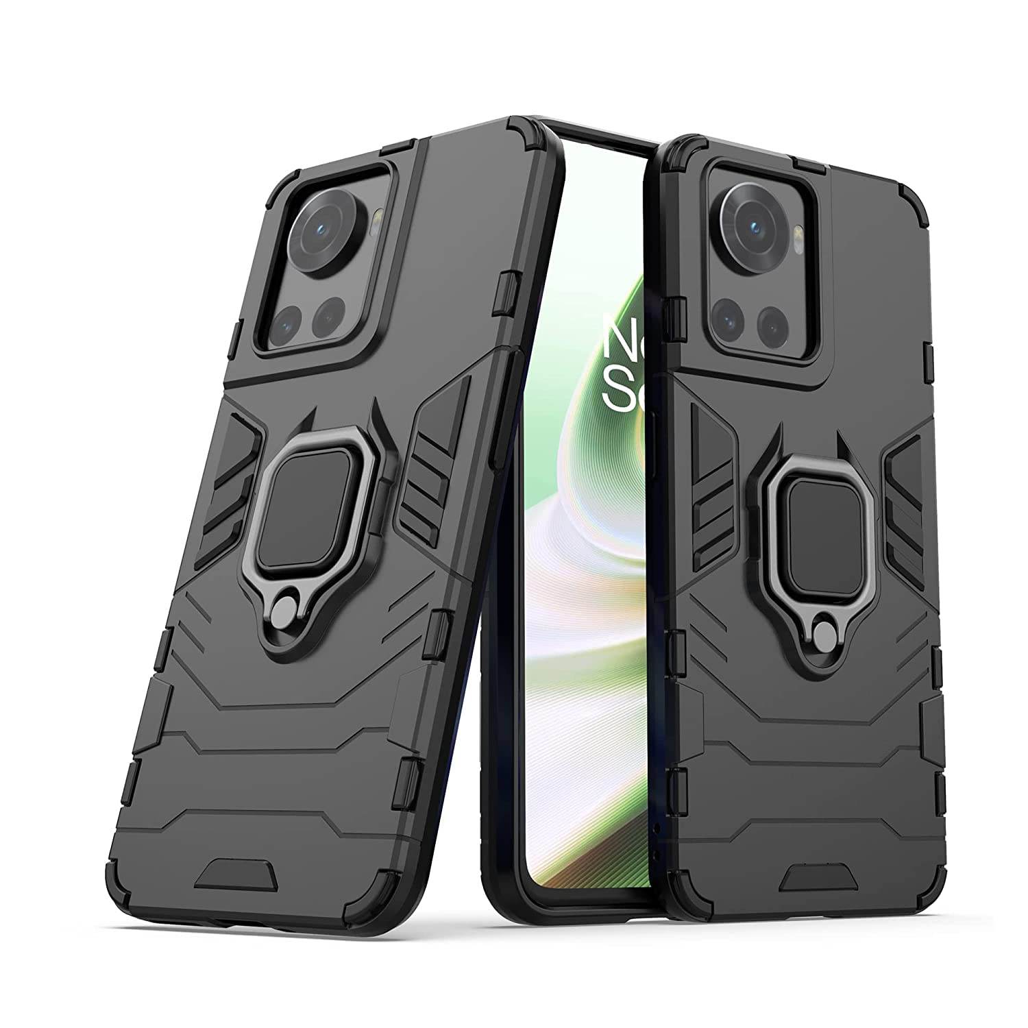 OnePlus Nord 10R 5G Tough Armor Ring Holder & Kickstand in-Built 360 Degree Protection Back Case - Black - Guleel