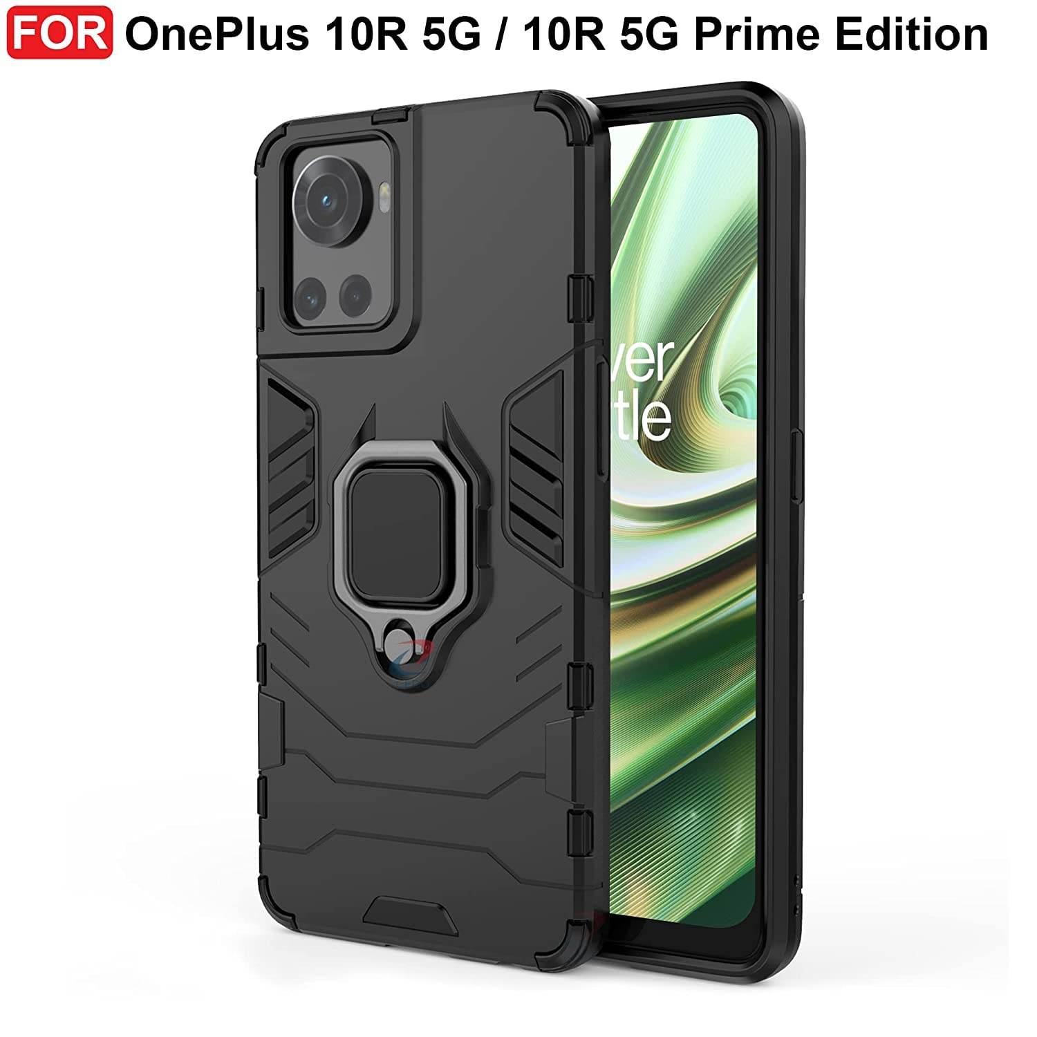 OnePlus Nord 10R 5G Tough Armor Ring Holder & Kickstand in-Built 360 Degree Protection Back Case - Black - Guleel