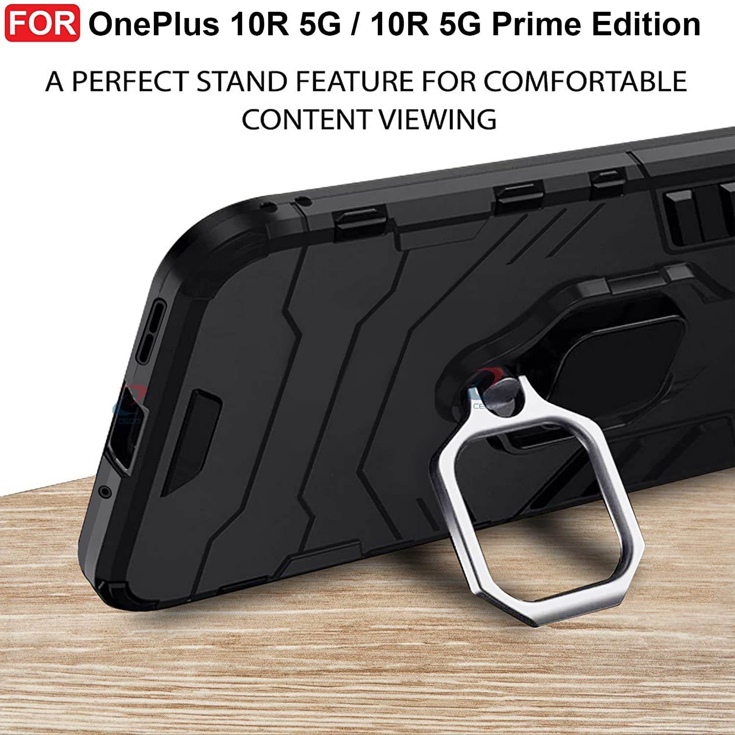 OnePlus Nord 10R 5G Tough Armor Ring Holder & Kickstand in-Built 360 Degree Protection Back Case - Black - Guleel