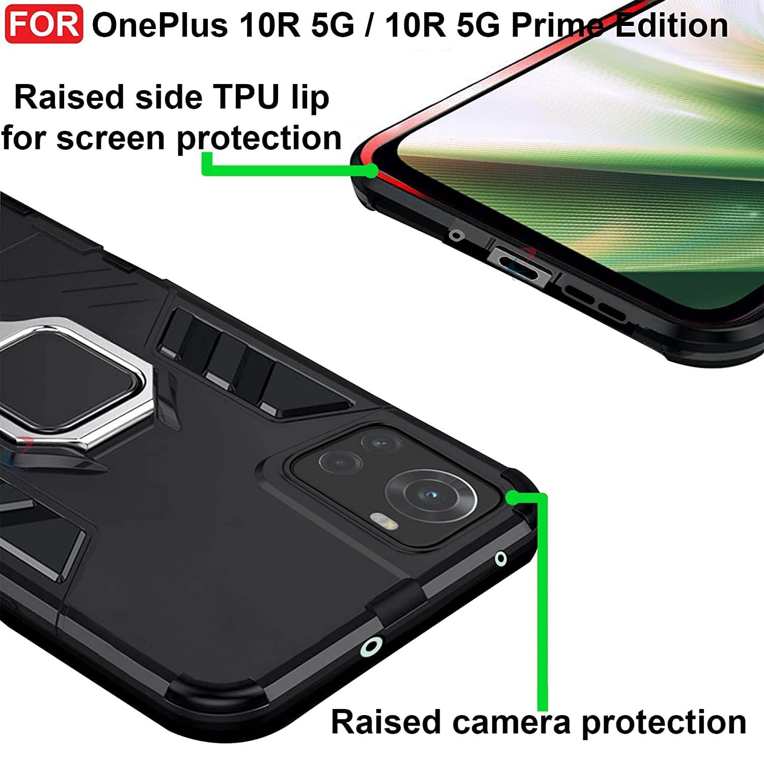OnePlus Nord 10R 5G Prime Tough Armor Ring Holder & Kickstand in-Built 360 Degree Protection Back Case - Black - Guleel