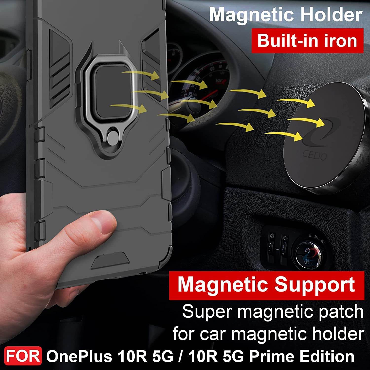 OnePlus Nord 10R 5G Tough Armor Ring Holder & Kickstand in-Built 360 Degree Protection Back Case - Black - Guleel