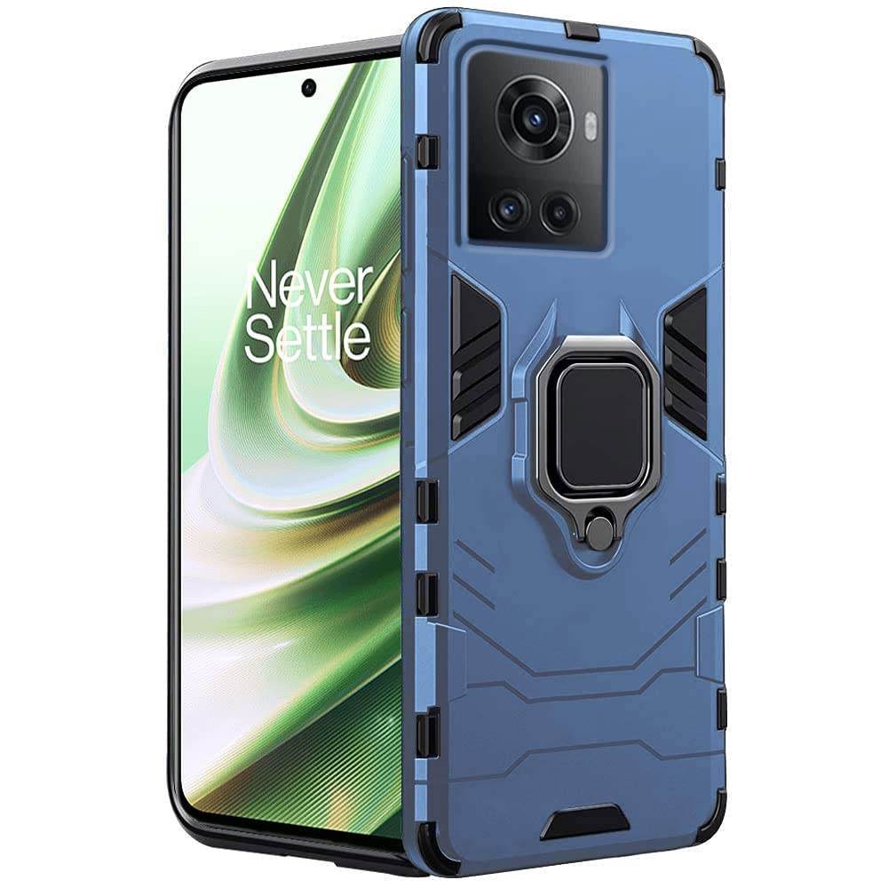 OnePlus Nord 10R 5G Tough Armor Ring Holder & Kickstand in-Built 360 Degree Protection Back Case - Blue - Guleel