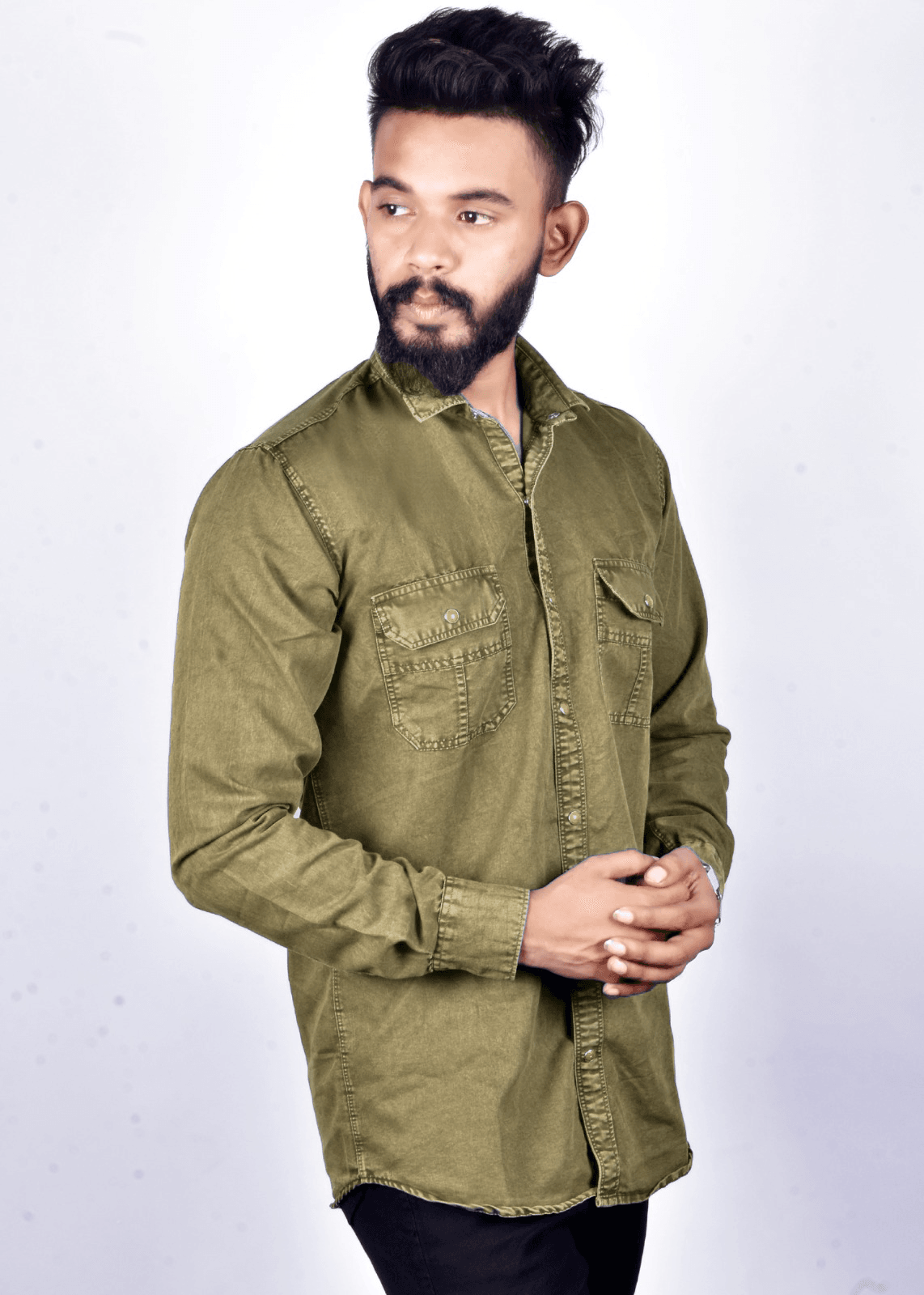 Regular Fit Solid 100% Cotton Denim for Men Long Sleeves - Mehendi Green - Guleel