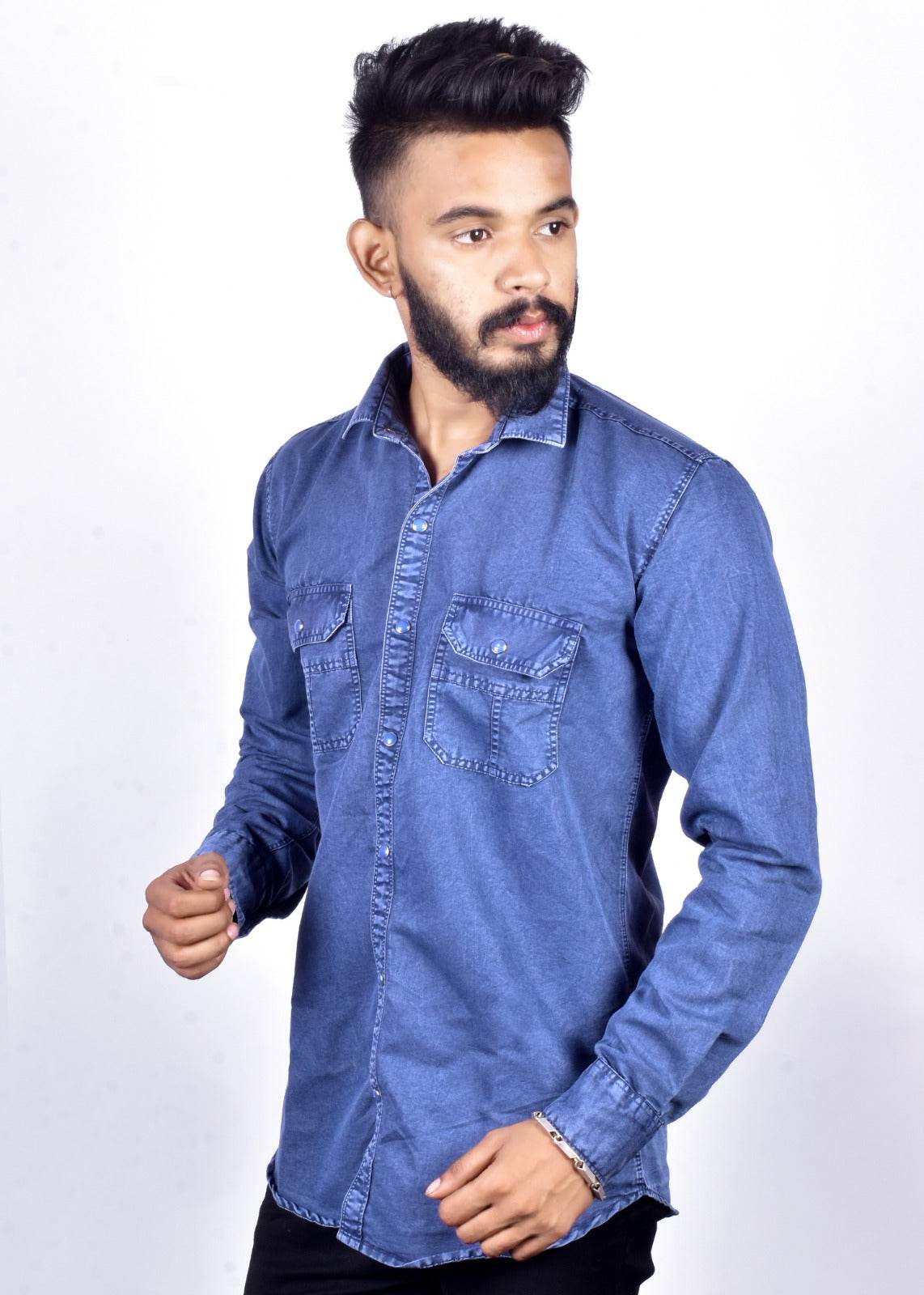Regular Fit Solid 100% Cotton Denim for Men Long Sleeves - Blue - Guleel