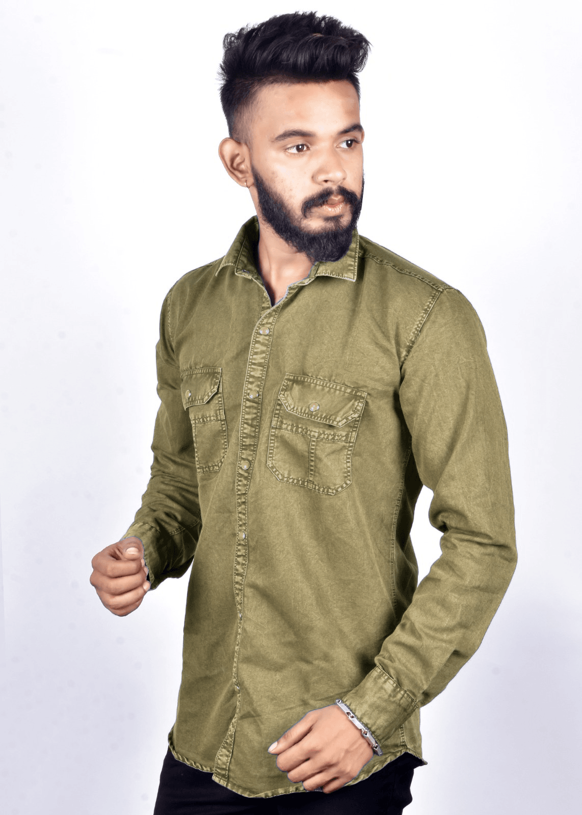 Regular Fit Solid 100% Cotton Denim for Men Long Sleeves - Mehendi Green - Guleel