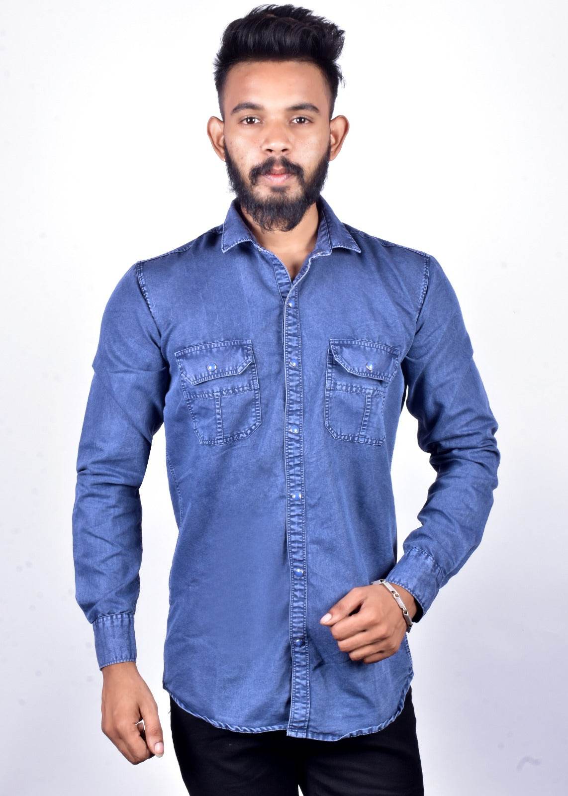 Regular Fit Solid 100% Cotton Denim for Men Long Sleeves - Blue - Guleel
