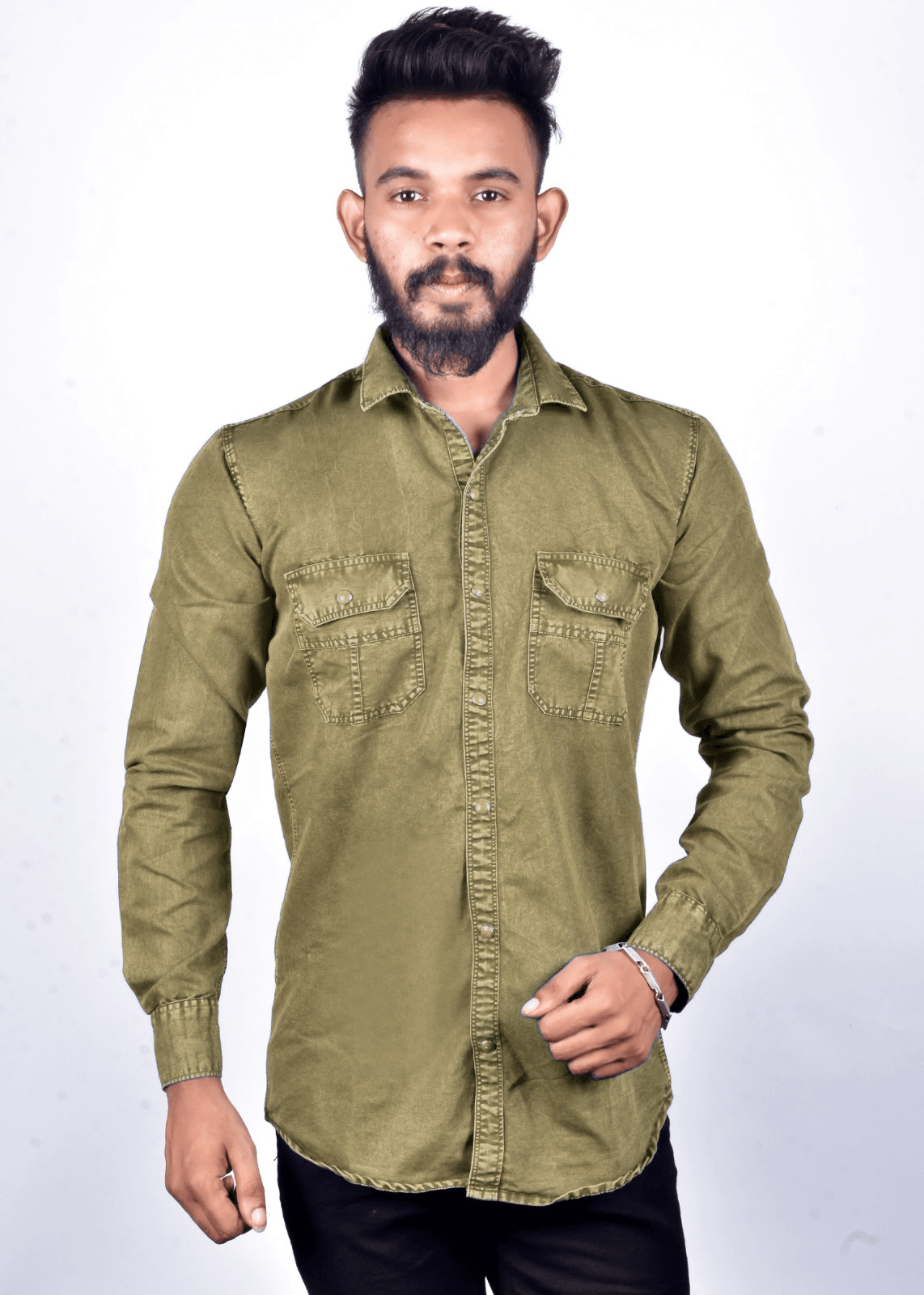 Regular Fit Solid 100% Cotton Denim for Men Long Sleeves - Mehendi Green - Guleel
