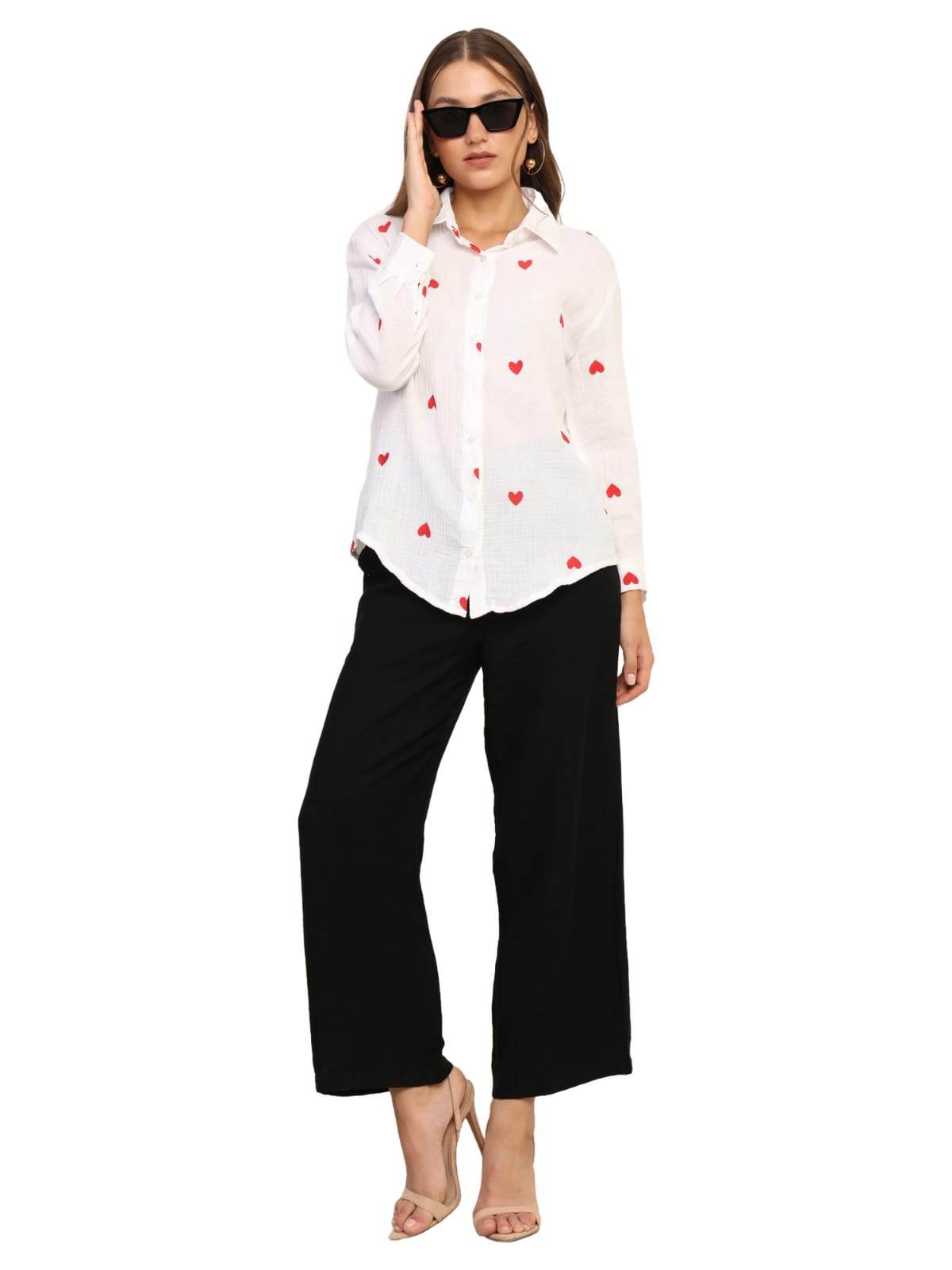 Embroidered Cotton Shirt with Hearts Regular Fit - Guleel
