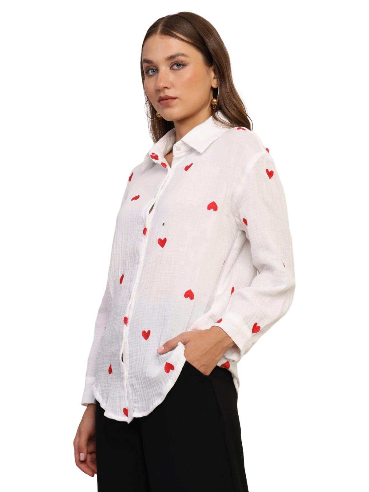 Embroidered Cotton Shirt with Hearts Regular Fit - Guleel