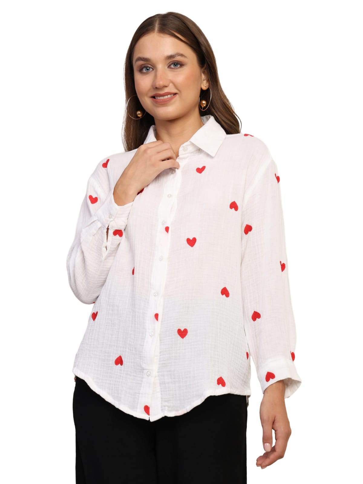 Embroidered Cotton Shirt with Hearts Regular Fit - Guleel