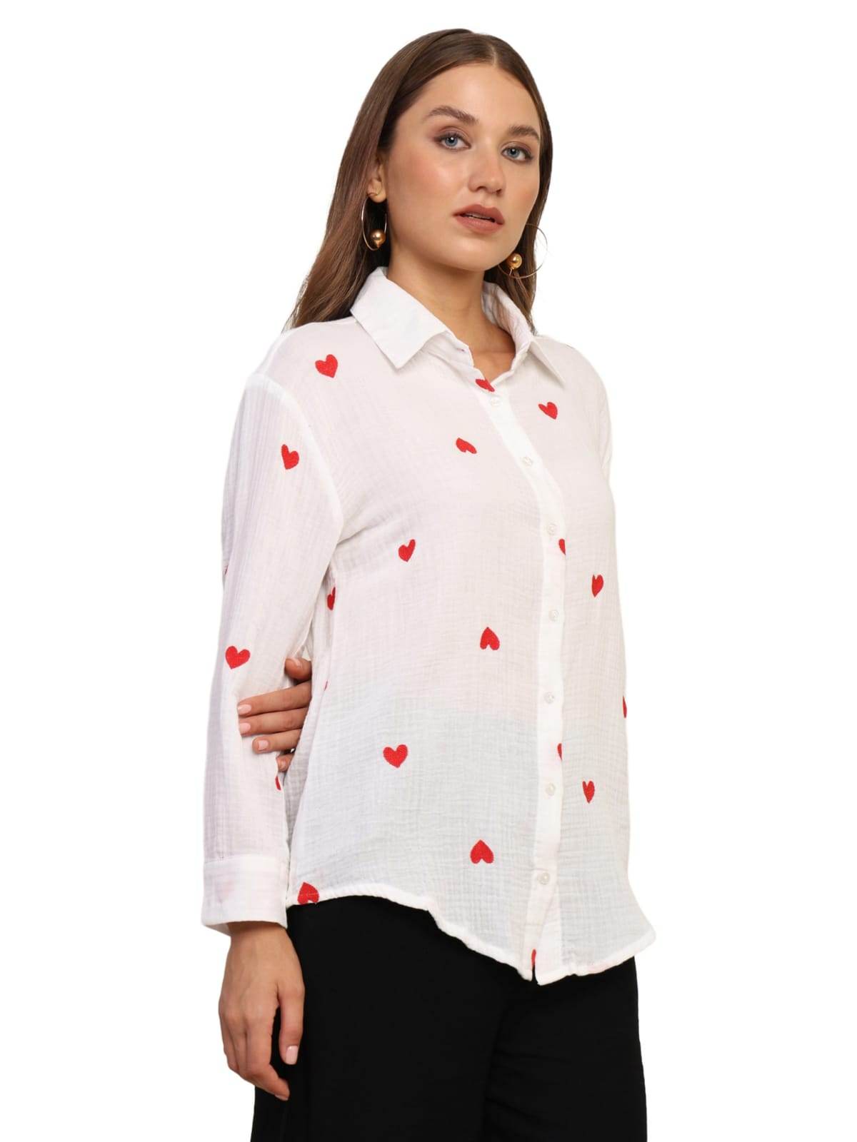 Embroidered Cotton Shirt with Hearts Regular Fit - Guleel