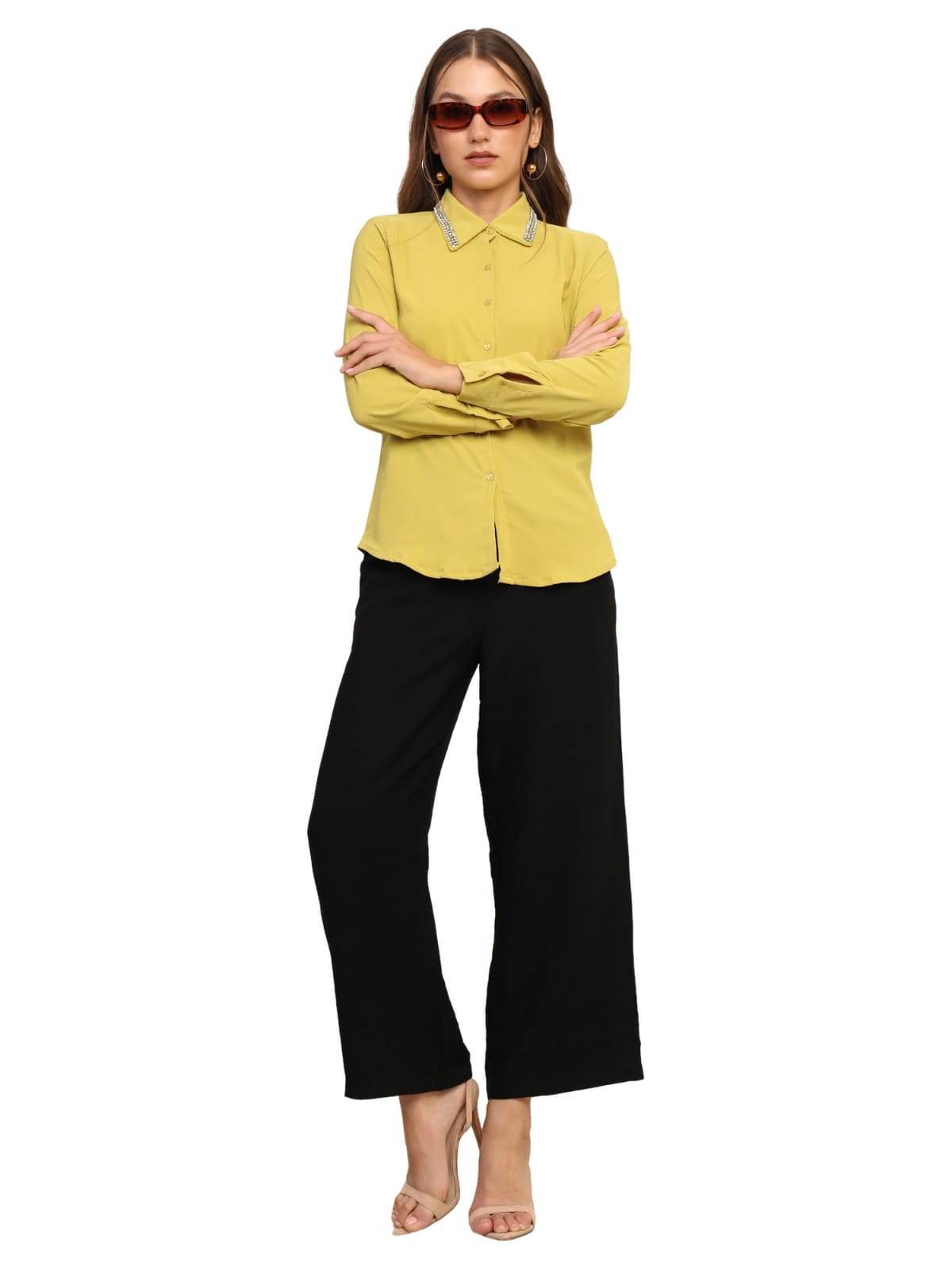 Women Embroidered Stylish Shirt - Yellow - Guleel