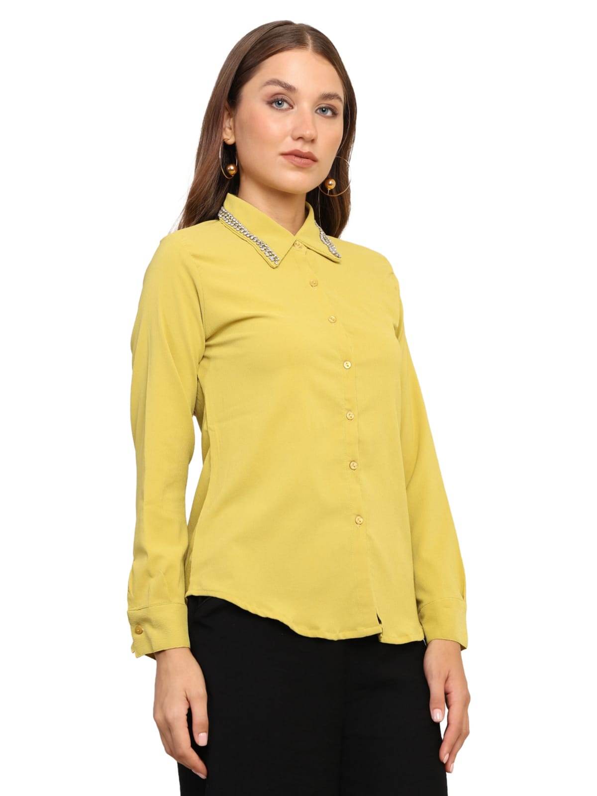 Women Embroidered Stylish Shirt - Yellow - Guleel