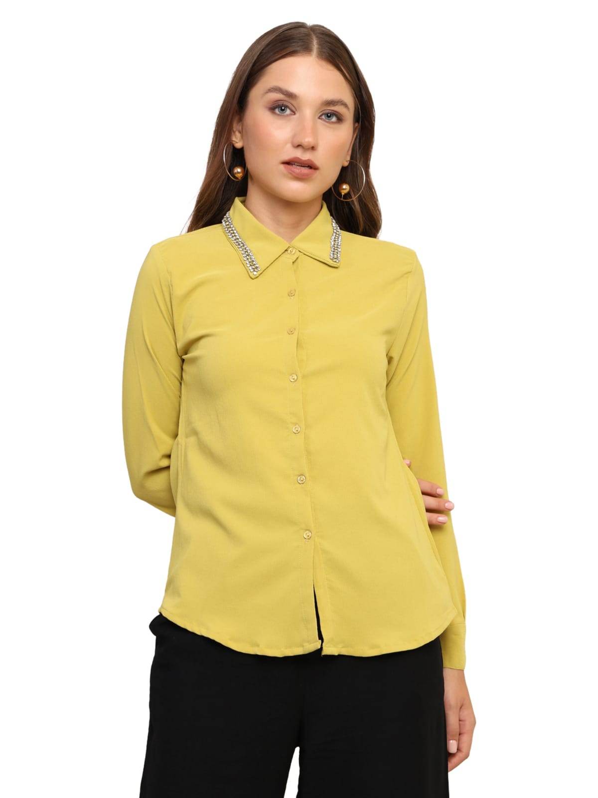 Women Embroidered Stylish Shirt - Yellow - Guleel