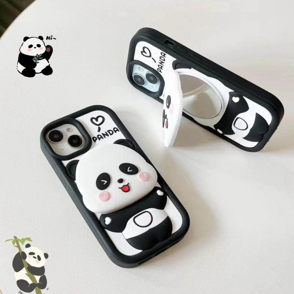 3D Cute Cartoon Panda Silicone Cover with Mirror Stand Case - Black - Guleel