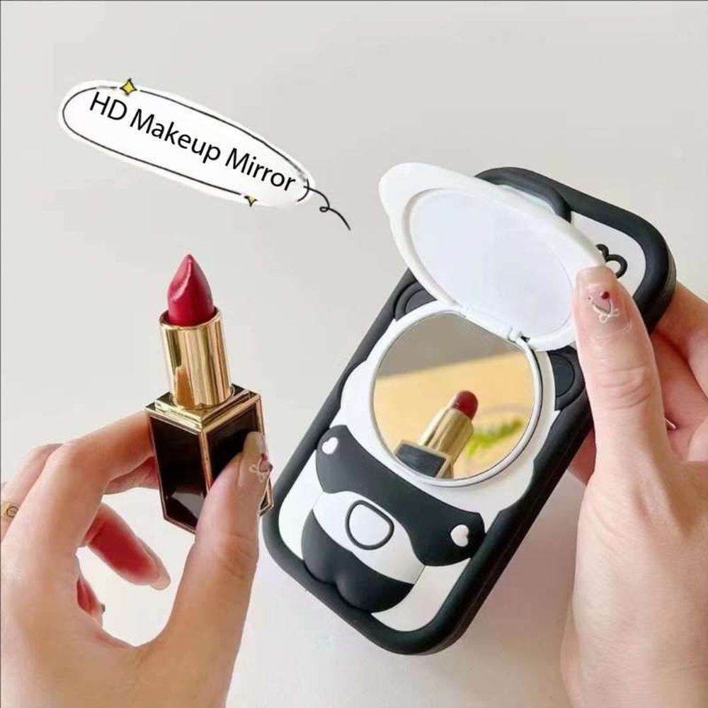 3D Cute Cartoon Panda Silicone Cover with Mirror Stand Case - Black - Guleel