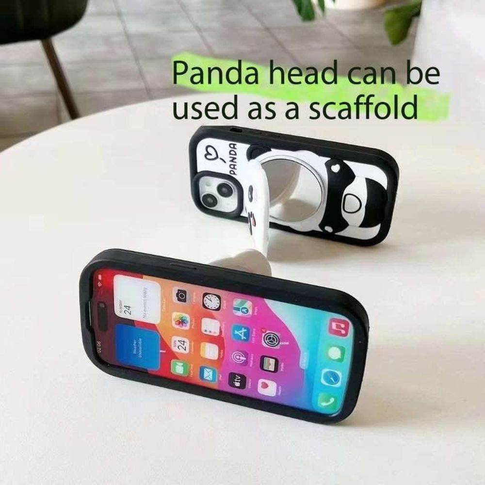 3D Cute Cartoon Panda Silicone Cover with Mirror Stand Case - Black - Guleel