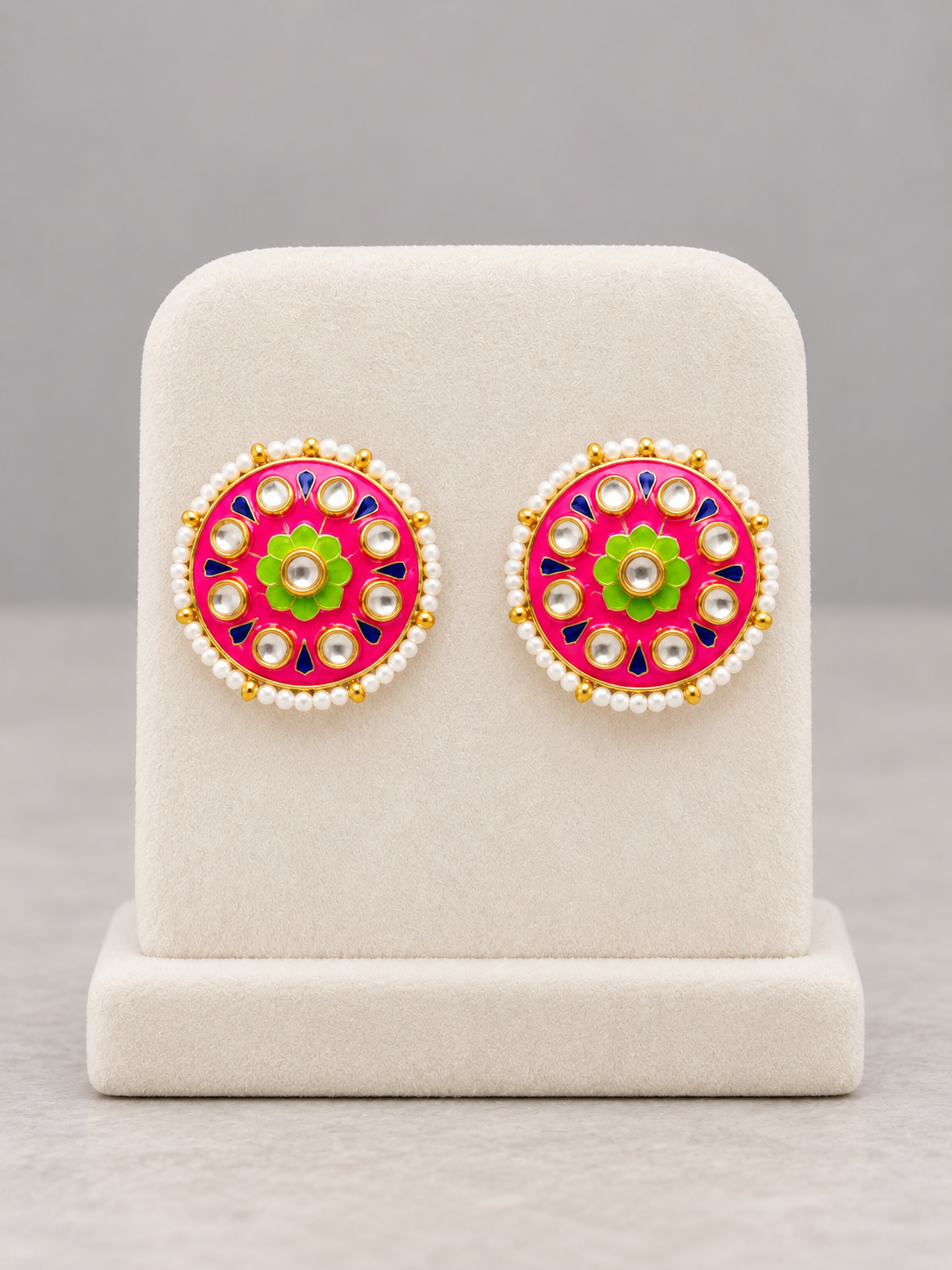 Pink Floral Kundan-Style Stud Earrings with Pearl-Look Border
