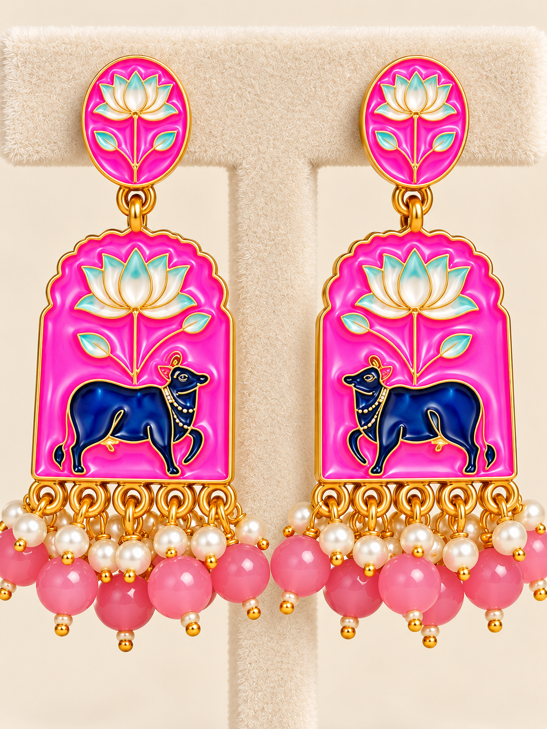 Hot Pink Lotus & Cow Motif Beaded Drop Earrings
