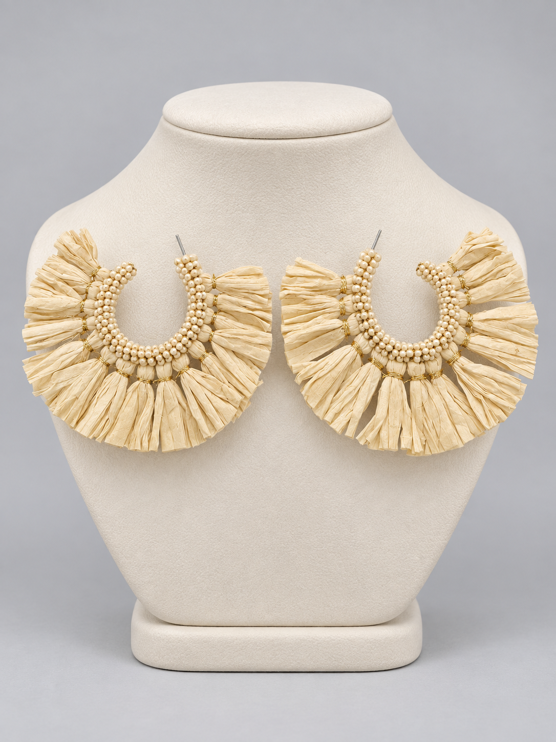 Ivory Beaded Crescent Earrings with Raffia-Style Fringe