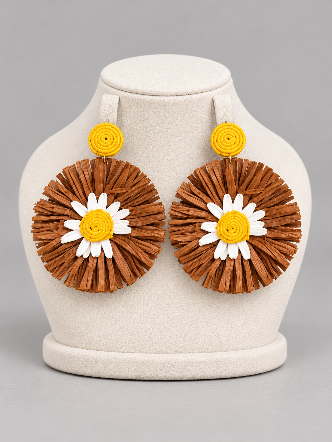 Brown Raffia-Style Daisy Statement Earrings