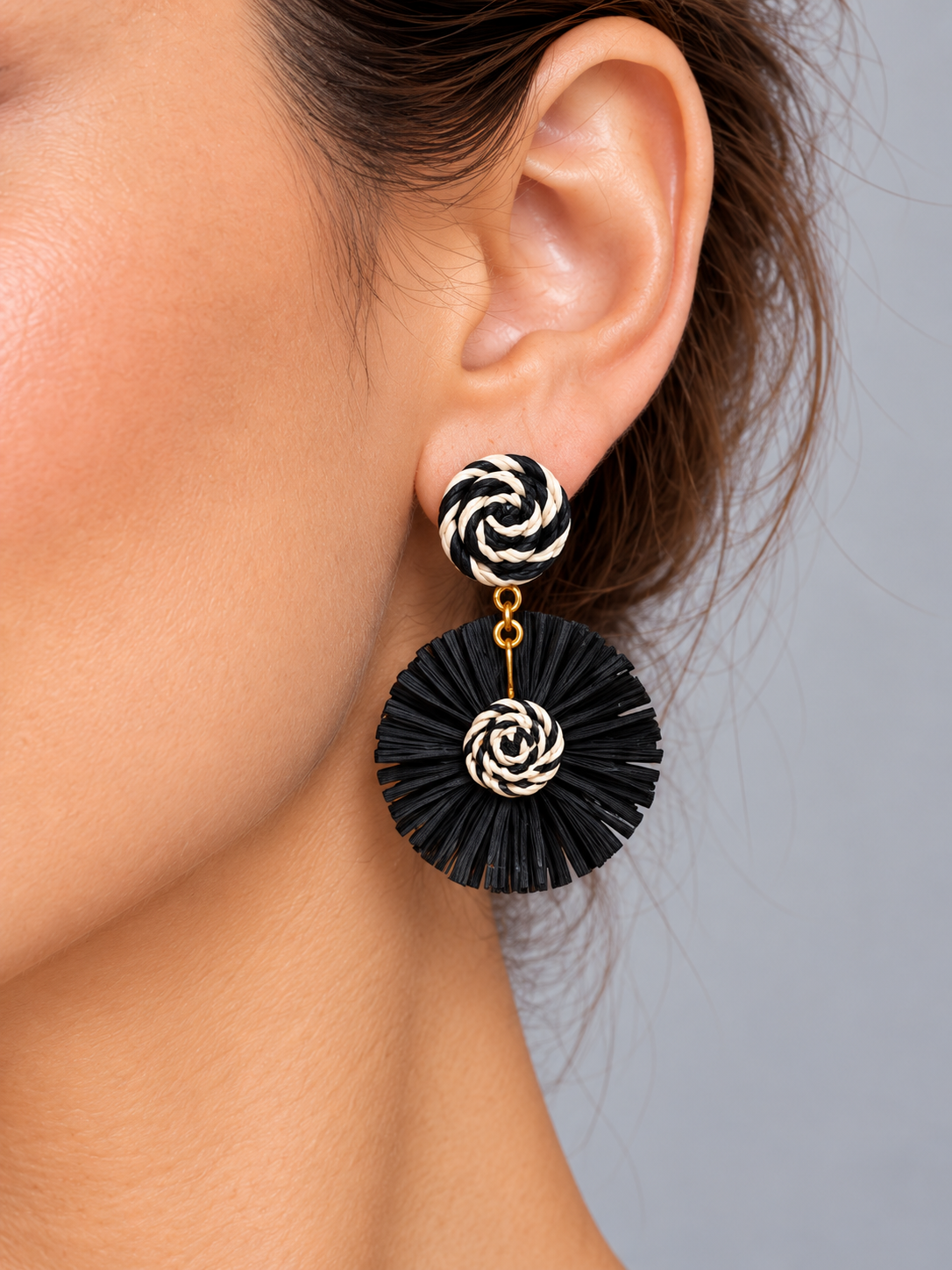 Black & Ivory Raffia Handmade Round Drop Earrings