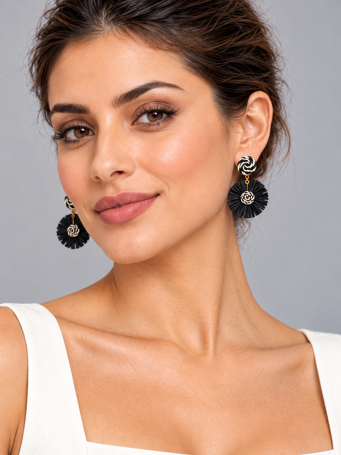 Black & Ivory Raffia Handmade Round Drop Earrings