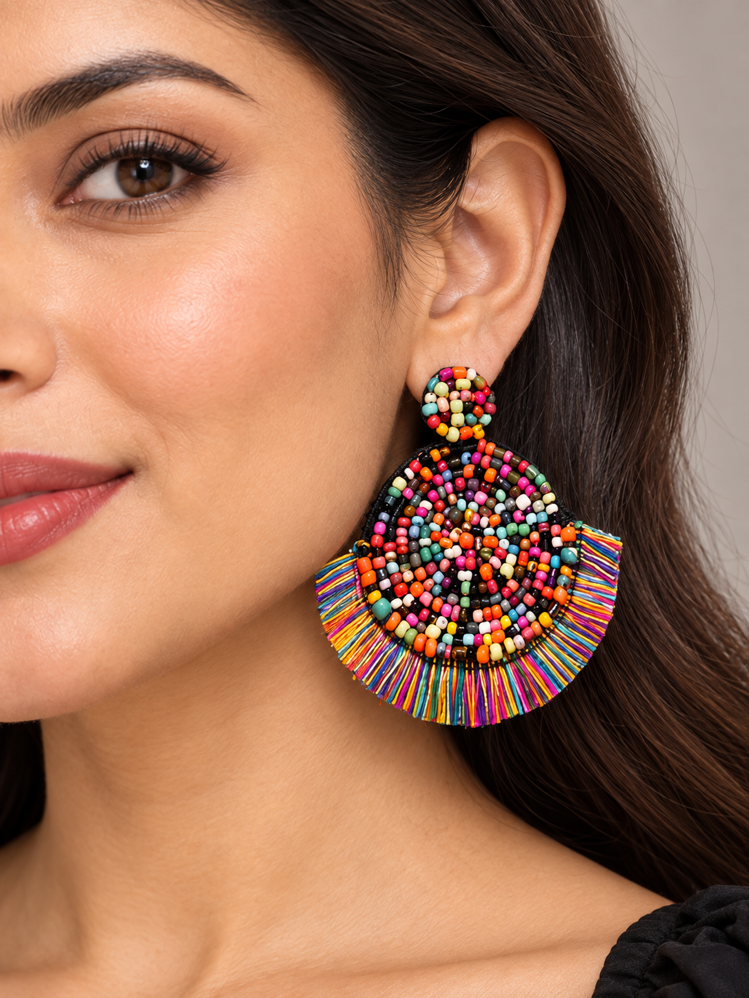 Multicolor Beaded Round Earrings with Rainbow Fringe